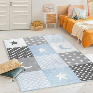 Patchwork Kinderzimmer Matte|Blaue Kinder Spielmatte|Waschbare Graue Teppiche|Rutschfeste Rechteckige Teppiche|Polka-Dot Kinderteppich|Weiche Spielmatten|Sternmuster Teppiche