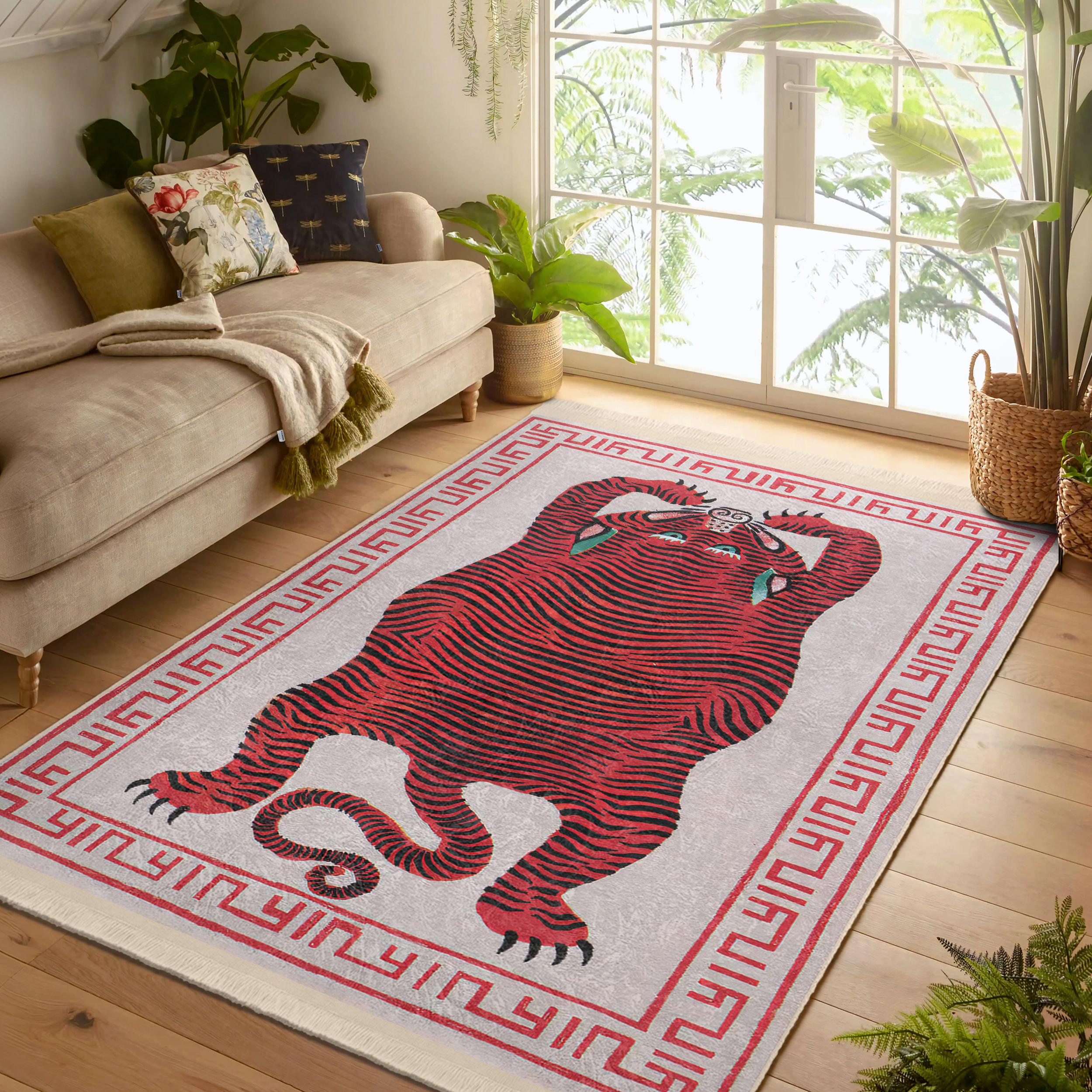 Red Tibetian Tiger Rug|framed Tiger Carpets|red Rug|non-slip Rugs