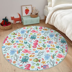 Sea Creatures Baby Room Rug|Undersea Animals Nursery Rug|Activity Mat|Nautical Kids Room Rug|Cute Fish Kids Room Rug|Handmade Baby Carpet