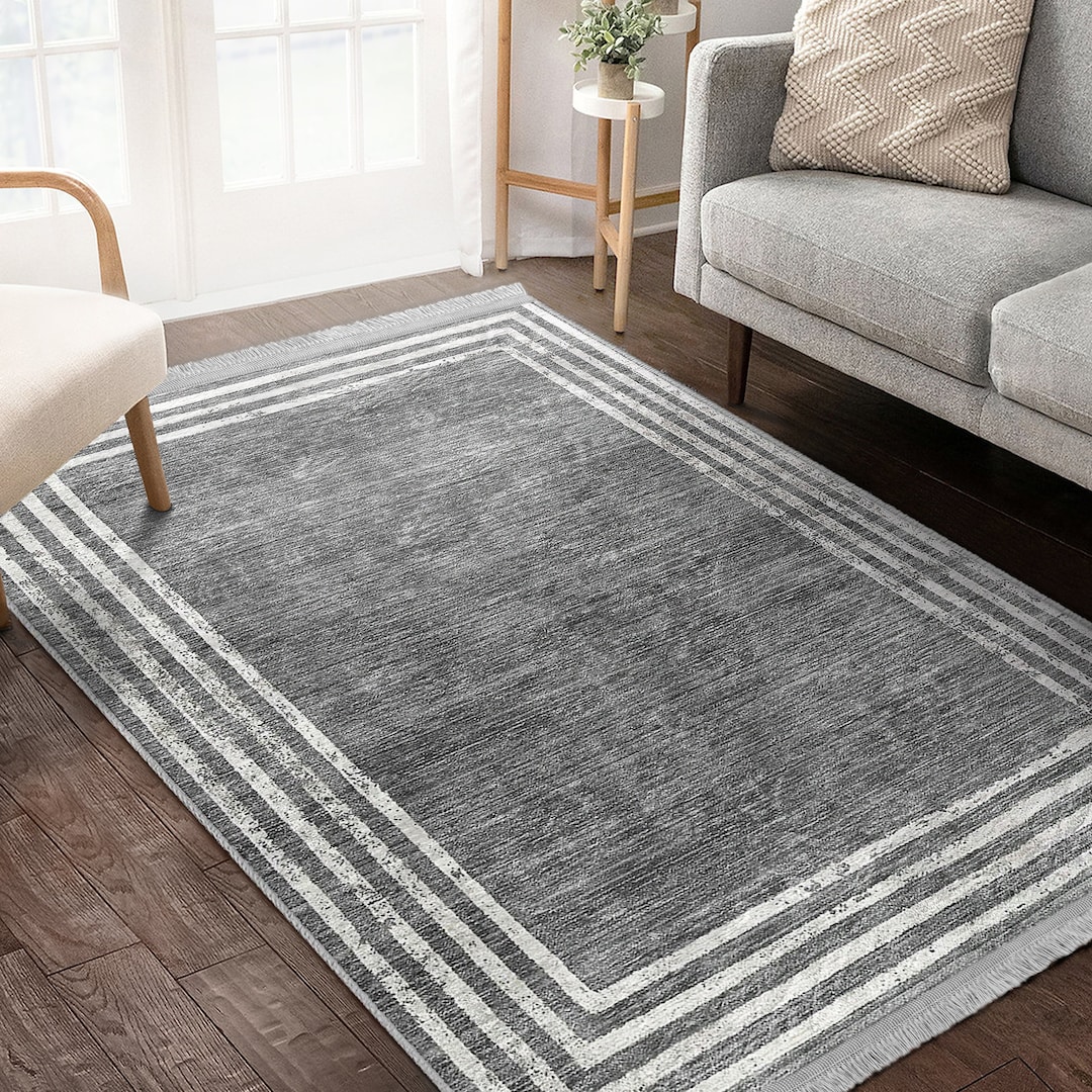 Gray Framed Carpet Area Rug|non-slip Modern Striped Living Room Carpet ...