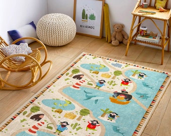 Pirates Children's Rug|Adorable Nursery Play Mat|Nautical Themed Washable Kids Carpet|Cute Animals Kids Rug|Playroom Rugs|Pirate Game Rug