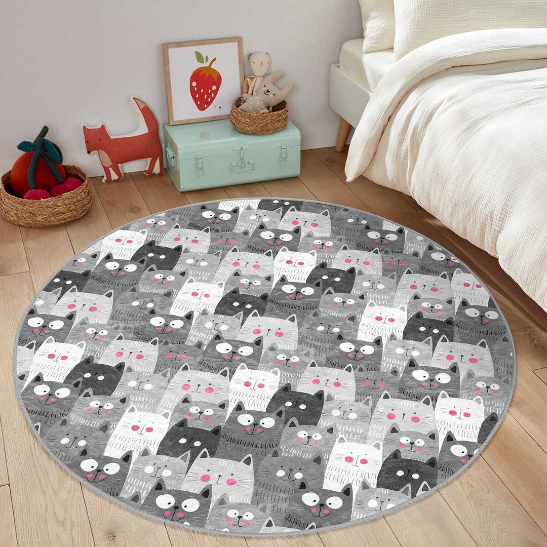 Confused Cats Nursery Rug|sweet Animals Gray Baby Room Rug|washable ...