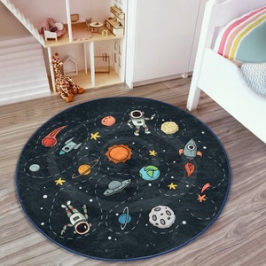 Niedlicher Kinderteppich mit Weltraummotiv|Abenteuerlicher Astronaut Kinderteppich|Navy Blue Baby Room Decor|Kinderkarten|Spielmatte mit Rakete