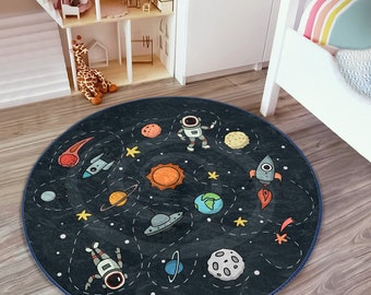 Space Themed Cute Kid's Rug|Adventurous Astronaut Childen's Mat|Navy Blue Baby Room Carpet|Kids Room Decor|Kinderkarten|Play Mat With Rocket