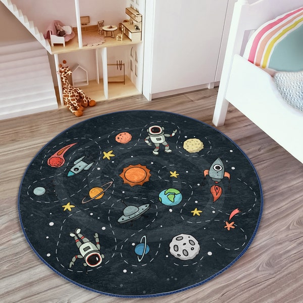 Space Themed Cute Kid's Rug|Adventurous Astronaut Childen's Mat|Navy Blue Baby Room Carpet|Kids Room Decor|Kinderkarten|Play Mat With Rocket