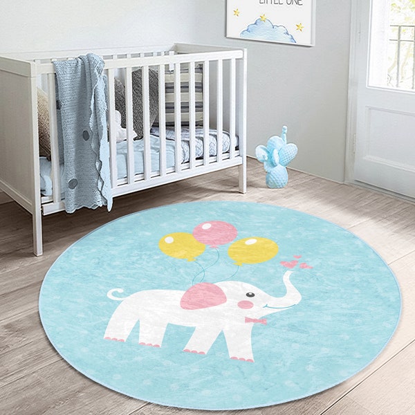 Sweet Elephant Printed Non-slip Kids Room Rug|Balloon Pattern Washable Baby Carpet|Baby Room Decor|Nursery Rug|Bestselling Play Mat|Handmade