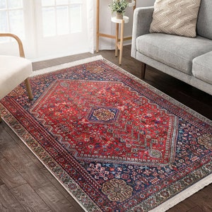 以下が含まれることがあります： 赤、青、クリーム色のダイヤモンド柄と複雑な花柄の入った敷物。敷物はフリンジの縁取りがされている。