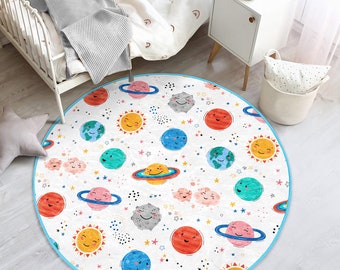 Happy Planets Nursery Rug|Space Themed Kid's Rug|Colorful Baby Room Carpet|Kids Room Decor|Kinderteppiche|Kids Play Mats|Best Activity Mat