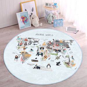 Lernteppiche|Tierweltkarte|Anti Rutsch Kinderteppich|Teppich für Kinderzimmer|Niedliche Tiere Lernteppich|Kindergeburtstag Geschenk|Baby Room Decor