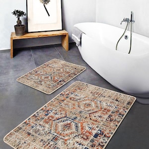 Vintage Tumbled Bathroom Door Mat|Non Slip Bath Mat Set Of 2|Digital Printed Bathroom Rugs|Bathroom Decor|Toilet Rug|Bestselling Shower Mats