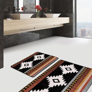Southwestern Bathroom Door Mat|Non Slip Aztec Print Bath Mat Set Of 2|Digital Printed Bathroom Rug|Bathroom Decor|Bestselling Bathroom Mats