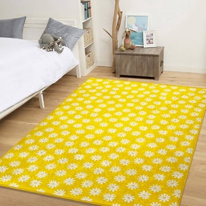 Gelber Gänseblümchen Teppich|Blumenteppich|Rechteck Kinderteppich|Frühlingsblumen Teppich|Handgemachte Teppiche|Anti-Rutsch Kinderzimmer Matte|Weich Teppiche