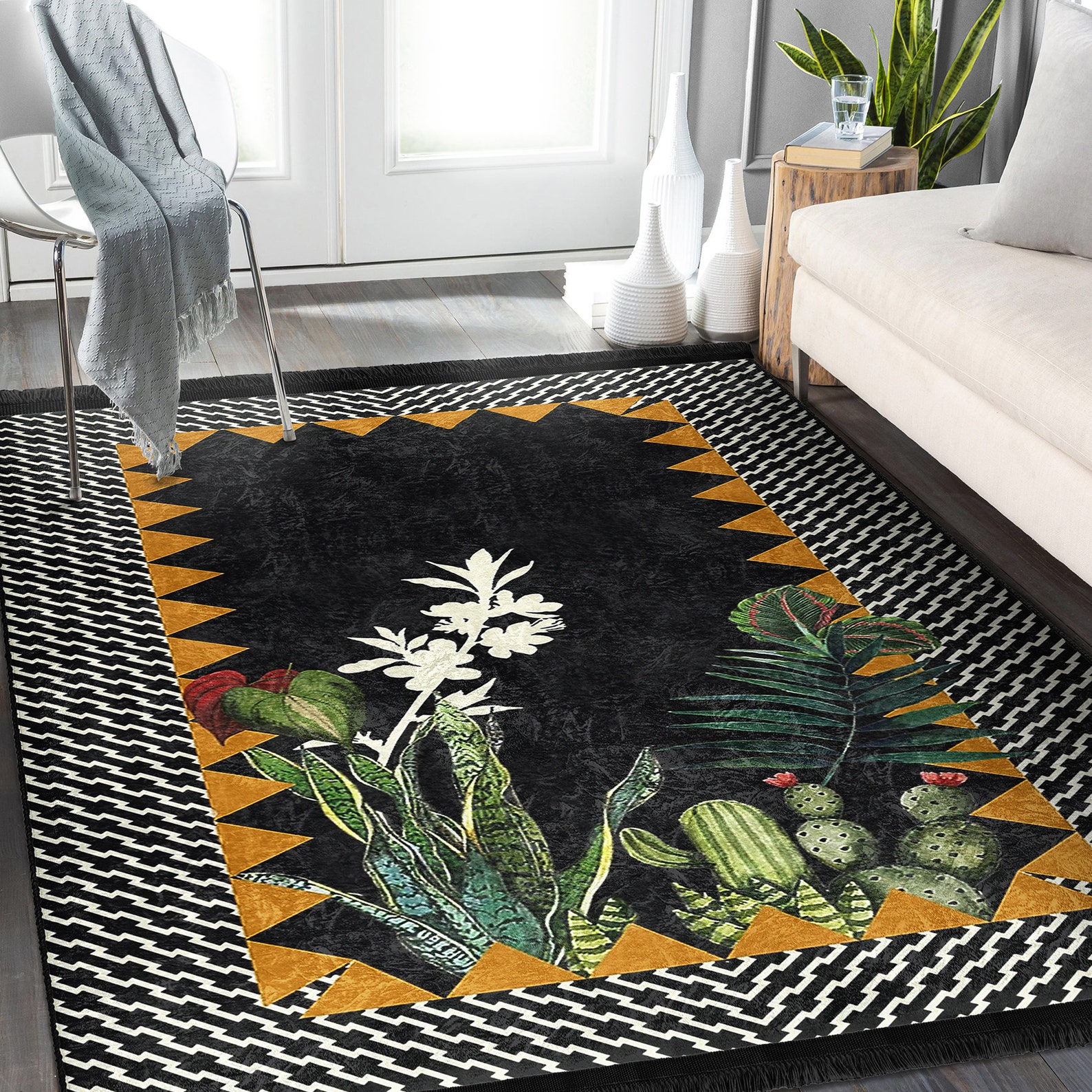 Floral Black Area Rug|green Living Room Rug|rectangle Cactus Pattern ...