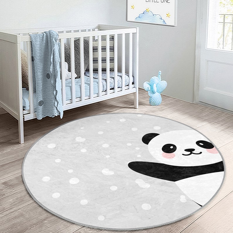 Cute Panda Washable Round Kid's Rug|sweet Animal Print Kid's Door Mat ...