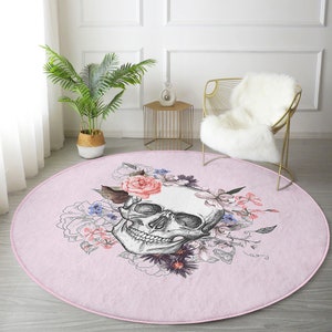 Skull Yoga Mat|Pink Soft Meditation Mat|Washable Handmade Pilates Mat|Round Floral Yoga Mat|Anti-Slip Exercise Rug|Bestselling Pilates Mat