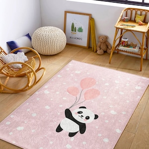 Mädchen Teppiche|Panda Muster Rosa Kinderzimmer Teppich|Rechteck Teppich für Kinderzimmer|Polka-Dot Kinderteppich|Großer Kinderteppich mit Ballon|