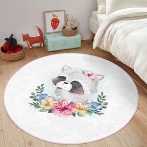 Tapis de chambre d'enfant mignon raton laveur | Tapis rond de chambre de bébé | Carte de la maternelle | Tapis de porte pour enfants à imprimé animal | Tapis de chambre d'enfant lavable | Tapis pour enfant best-seller