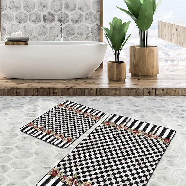 Checkered Bath Mat|Anti-Slip Absorbent Bath Mat|Black And White Bath Mat|Rose Pattern Kitchen Mat|Bestselling Bath Mat Set Of 2|Handmade Rug