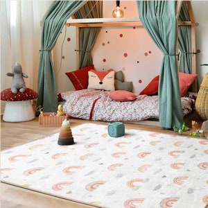 Anti-Rutsch-Regenbogen Babyzimmer Teppich|Teppiche mit individuellem Design|Rechteck Boho Baby Teppich|Babyzimmer Dekor|Weiße Kinderzimmer Matte|Bester Kinderteppich