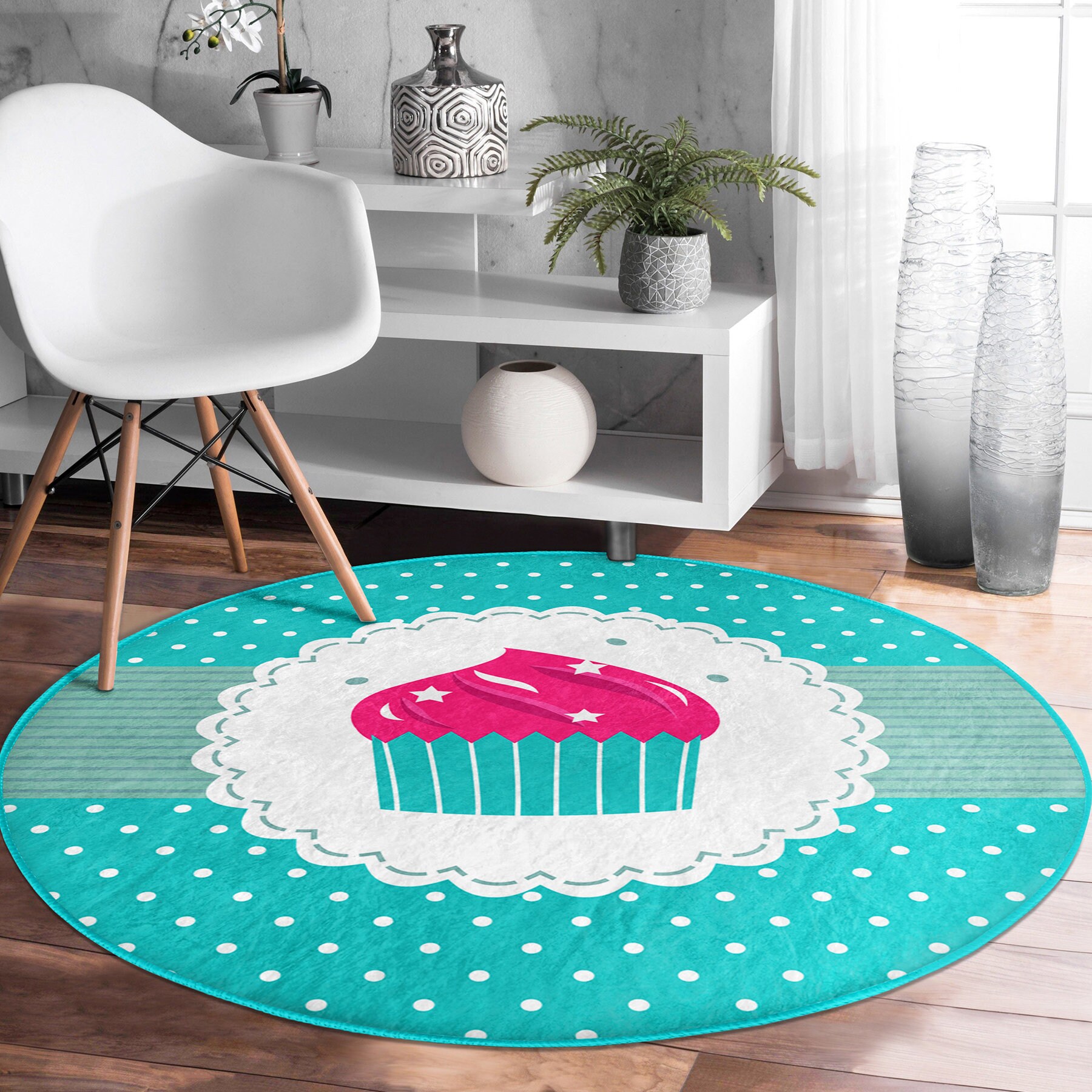 Round Kitchen Rug|cupcake Muffin Pattern Area Rug|washable Rugs|blue ...