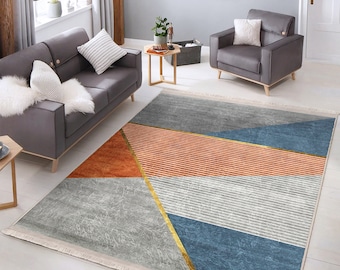 Anti-slip Multicolored Area Rugs|navy Blue Geometric Rugs|orange