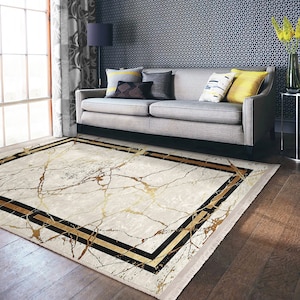 Gold And Beige Marble Pattern Rug|Non-Slip Luxury Framed Living Room Rug|Rectangle Fringed Carpet|Washable Dining Room Rugs|Modern Area Rugs