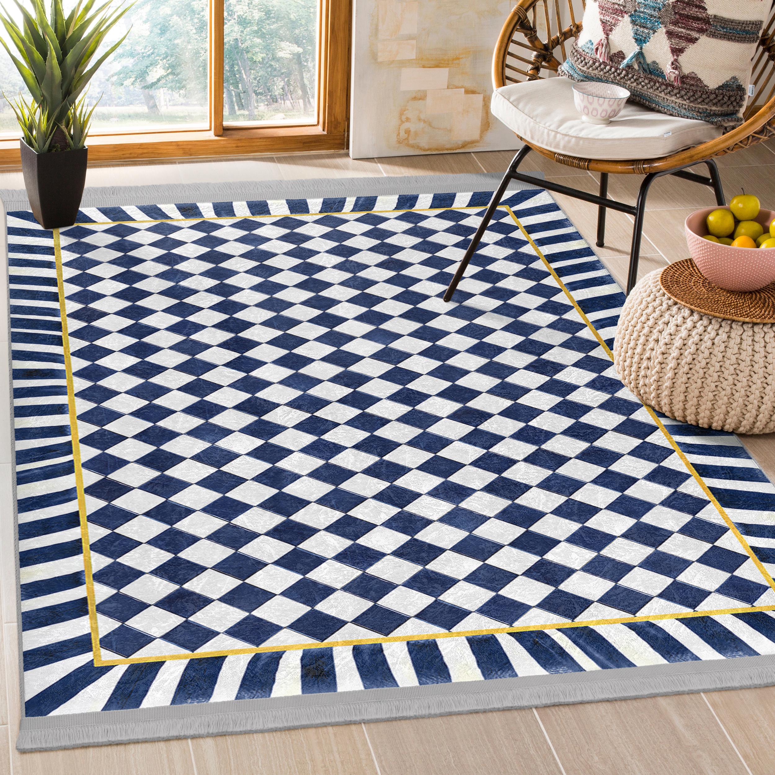 Navy Blue Checkered Rug|dama Runner Rug|white Rugs|non-slip Rugs ...