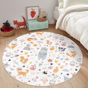 Tapis antidérapant imprimé numérique Happy Animals | Tapis pour enfant lavable | Carte de la maternelle | Tapis de jeu pour chambre d'enfant | Tapis de porte pour enfants sur le thème du zoo | Décoration de chambre d'enfant