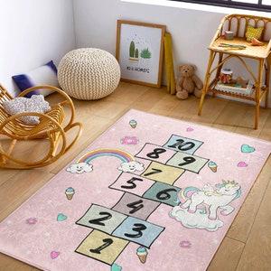 Hopscotch Play Mat With Unicorn|Children Numbers Learning|Pink Kid&#39;s Carpets|Handmade Kid&#39;s Room Rugs|Custom Design Rainbow Rug|Colorful Rug