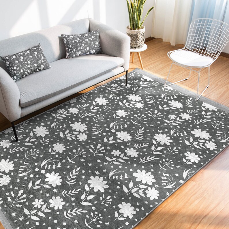 Floral Gray Area Rugantislip Living Room Rugsfringed Doorway Rugcustom
