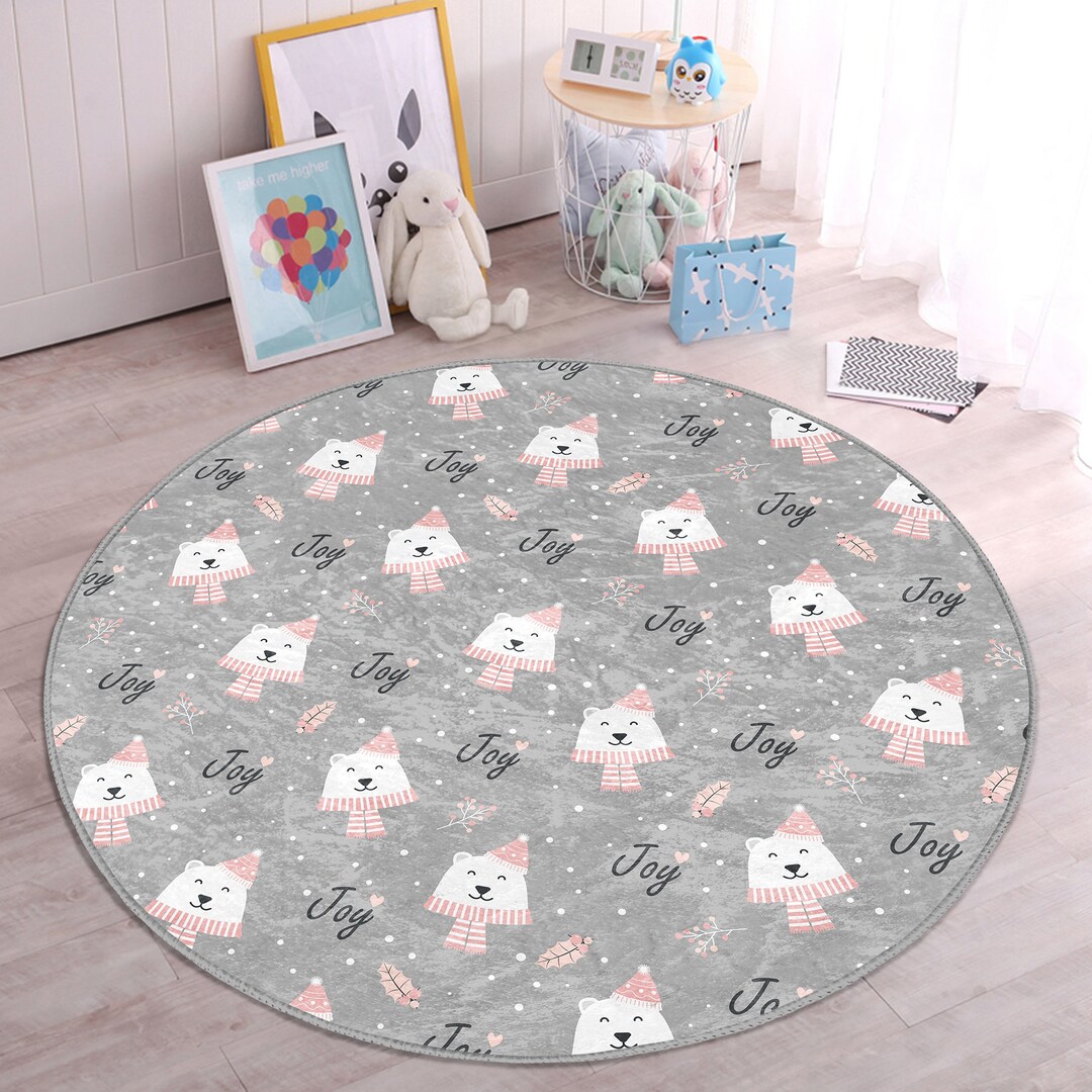 Teddy Bear Gray Nursery Matantislip Round Kids Room Rugwashable
