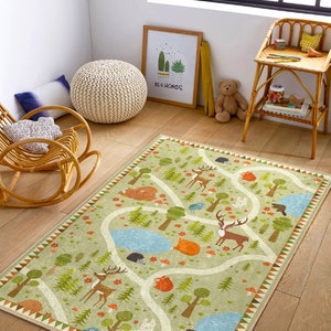 Travel to Forest Kid's Rug|Jungle Road Nursery Play Mat|Beige And Green Washable Kids Carpet|Cute Animals Kids Rug|Easy Clean Playroom Mat