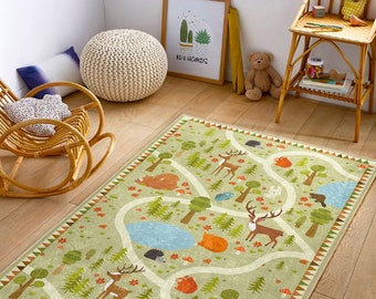 Travel to Forest Kid&#39;s Rug|Jungle Road Nursery Play Mat|Beige And Green Washable Kids Carpet|Cute Animals Kids Rug|Easy Clean Playroom Mat