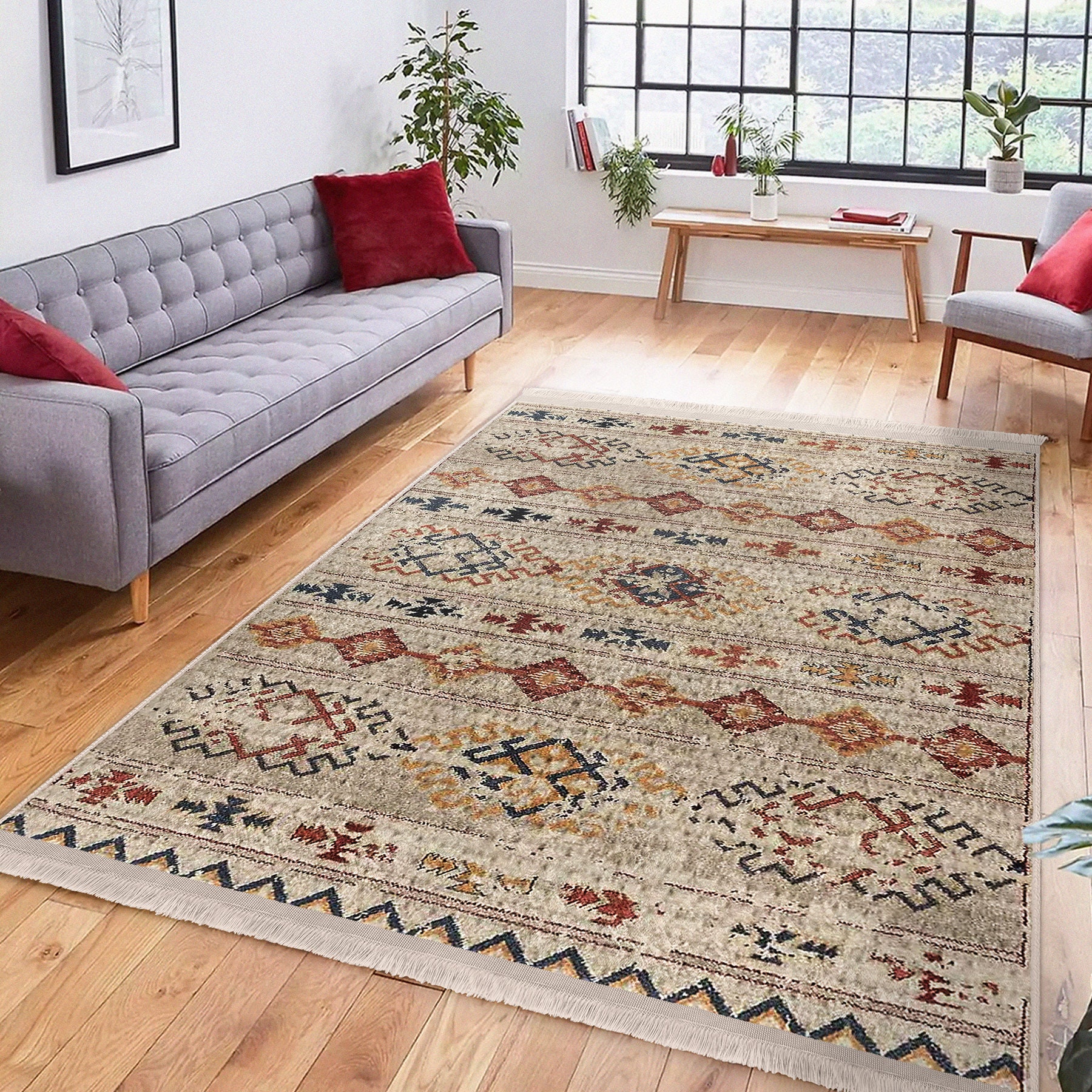 Beige Living Room Carpet|ethnic Pattern Fringed Rug|vintage Saloon Rugs ...