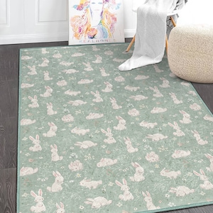 Bunny In The Forest Green Baby Room Rug|Bestselling Kids Room Rugs|Handmade Kid's Carpets|Handmade Kids Room Rug|Cute Rabbit Baby Rugs