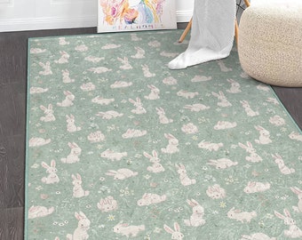 Bunny In The Forest Green Baby Room Rug|Bestselling Kids Room Rugs|Handmade Kid's Carpets|Handmade Kids Room Rug|Cute Rabbit Baby Rugs