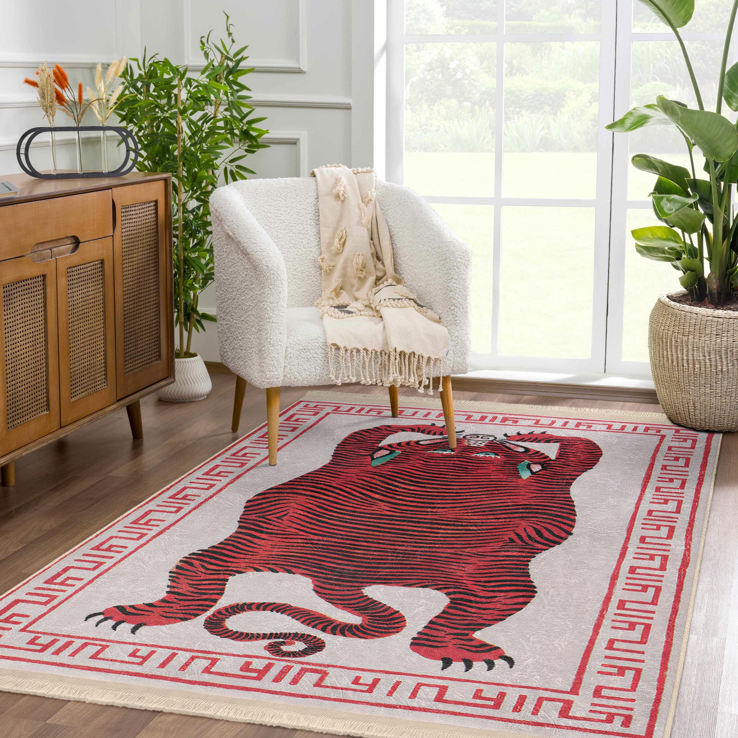 Red Tibetian Tiger Rug|framed Tiger Carpets|red Rug|non-slip Rugs