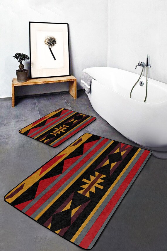 Tappeto Da Bagno Antiscivolo In Microfibra 45x76 Cm - Design Geometrico Rosso Boho, Asciugatura Rapida - 2