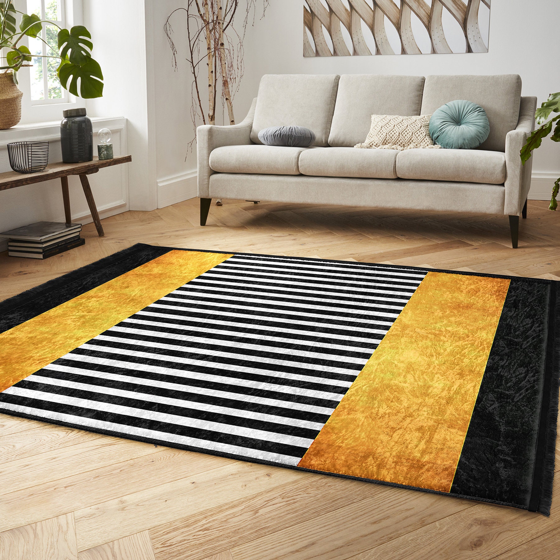 Black Striped Rectangle Area Rug|non-slip Yellow Rug|abstract Modern ...