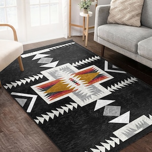 Aztec Print Black Area Rug|Large Living Room Carpets|Bogolan African Print Rug|Washable Southwestern Saloon Rug|Non-Slip Fringed Carpet