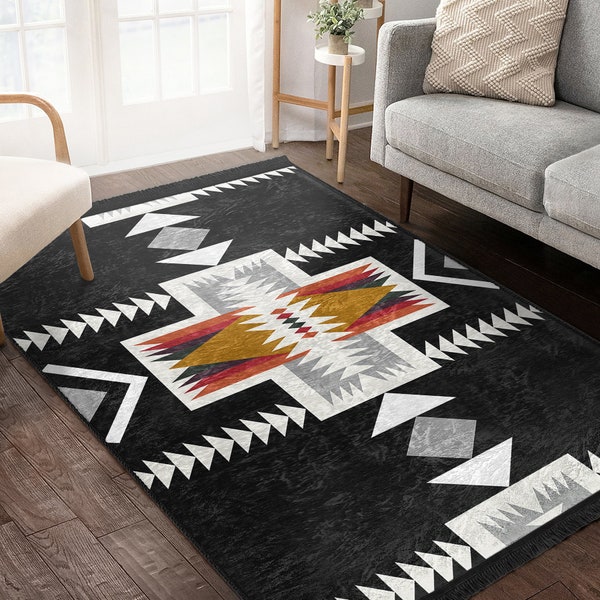 Aztec Print Black Area Rug|Large Living Room Carpets|Bogolan African Print Rug|Washable Southwestern Saloon Rug|Non-Slip Fringed Carpet