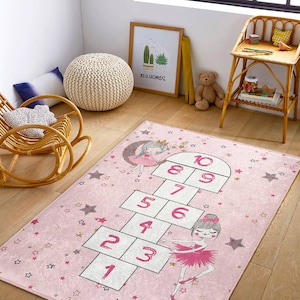 Ballerina Hopscotch Play Mat|Children Numbers Learning|Pink Girls Carpet|Rectangle Kid's Room Rug|Custom Design Nursery Rug|Girls Room Decor