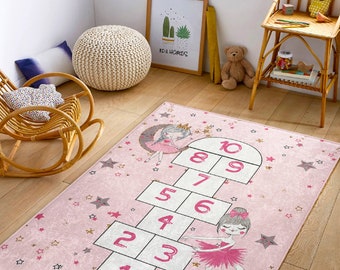 Ballerina Hopscotch Play Mat|Children Numbers Learning|Pink Girls Carpet|Rectangle Kid's Room Rug|Custom Design Nursery Rug|Girls Room Decor