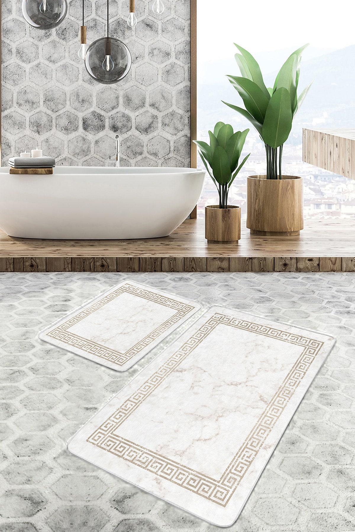 Antislip Marble Pattern Bath Matgreek Key Framed Kitchen Etsy