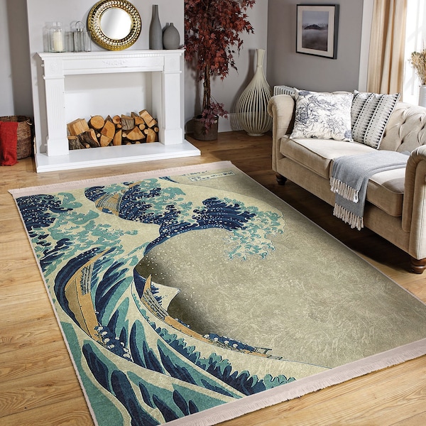 Kanagawa Oki Nami Ura Area Rug|Non-Slip Rugs|Japanese Woodblock Print Rugs|The Great Wave Off Kanagawa Carpet|Pop Art Rugs|Modern Home Decor