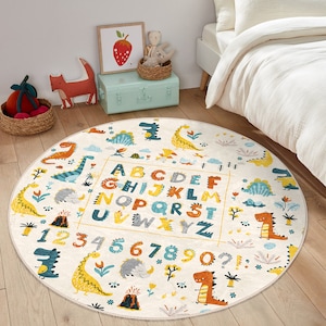 Letters and Numbers Kid&#39;s Rug|Dinosaur Figured Educational Carpet|Nursery Rugs|Kids Play Rug with Animal|Kid&#39;s Gift|Bestseller
