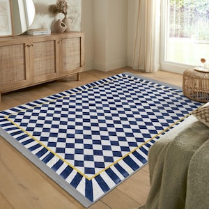 Navy Blue Checkered Rug|Dama Runner Rug|White Rugs|Non-slip Rugs|Washable Rectangle Rug|Luxury Room Rug|Large Area Rug|Gold Framed Rug
