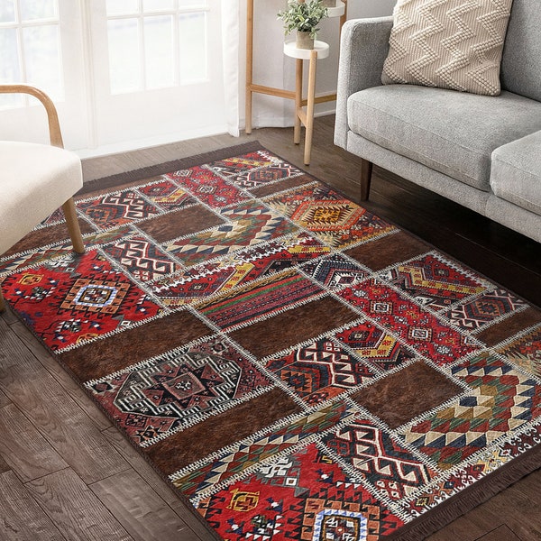 Patchwork Ethnic Pattern Rug|Farmhouse Rug|Fringed Living Room Rugs|Non-Slip Brown Carpet|Washable Rug|Bestselling Carpets|Housewarming Gift