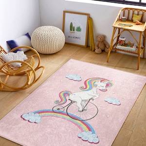 Non-Slip Unicorn Nursery Mat|Pink Girls Rugs|Unique Kid&#39;s Rugs|Handmade Rugs|Washable Kids Rugs|Girls Room Decor|Rectangle Soft Kids Rugs