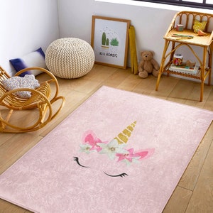 Rechteck Rosa Einhorn Kinderteppich|Bestseller Teppiche für Mädchen|Anti-Rutsch Teppiche für Mädchen|Handgemachte Kinderteppiche|Waschbare Babyteppiche|Deko für Mädchen